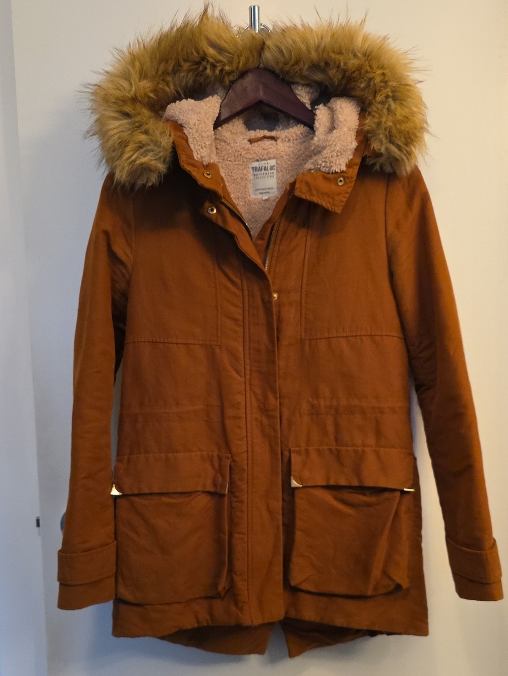 Zara Trafaluc Women's Rust Brown Barn Voat / Utility Parka with Faux Fur Hood